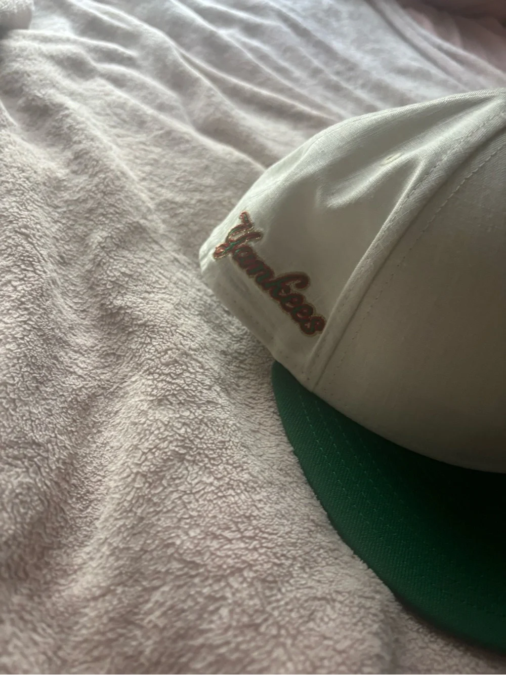 New Era White and Green NY Yankees Fitted Cap with Red Accent